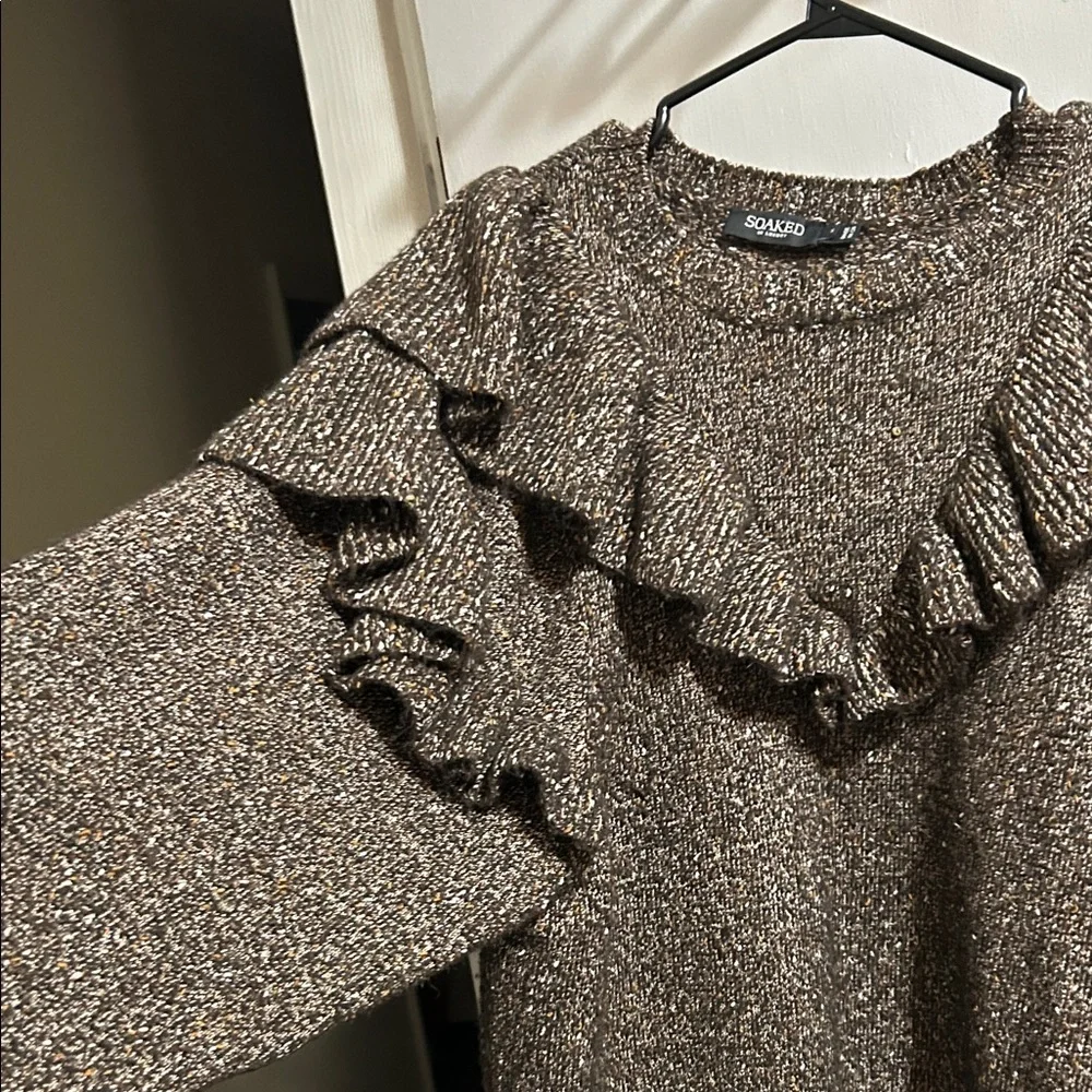 Solid Brown Ruffled Knit Sweater - Picture 3 of 9